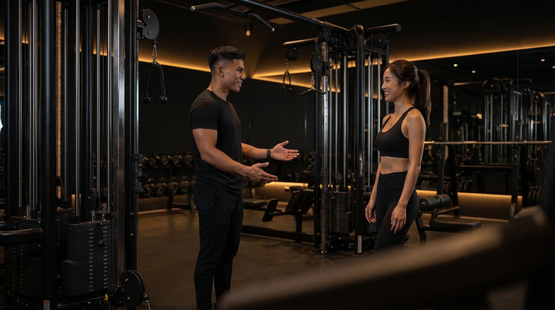 Personal trainer discussing a fitness plan with a new client in a modern gym