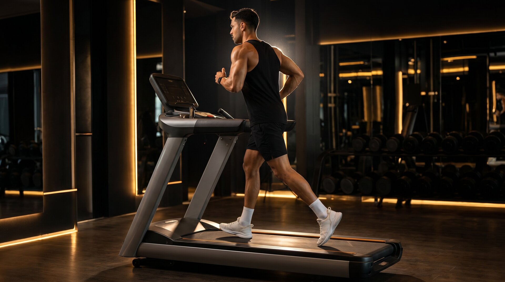 A person running on a treadmill in a modern gym