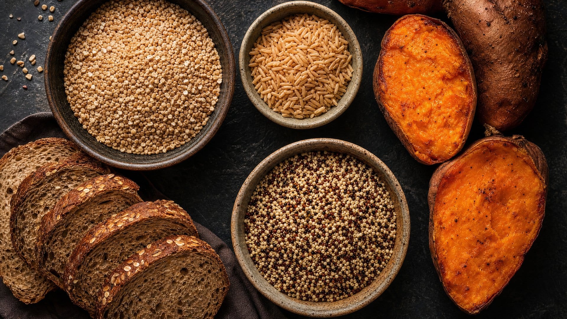 Complex carbohydrate sources including oats, rice, and sweet potatoes