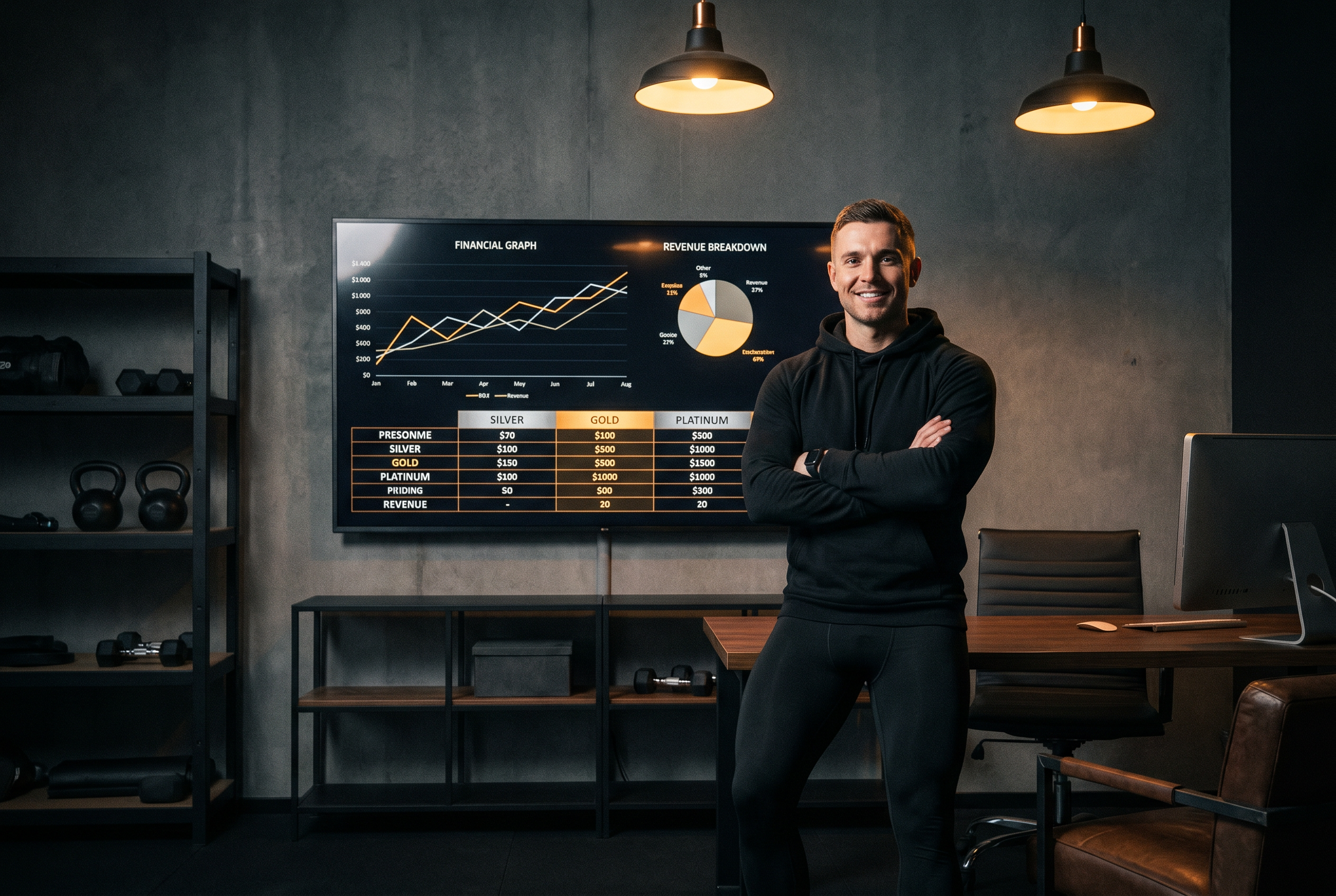 A personal trainer reviewing pricing and business analytics on a dark-themed dashboard displayed on a monitor