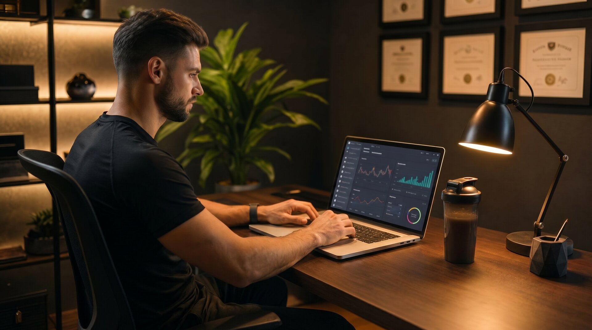 A personal trainer working on a laptop in a bright, modern gym setting