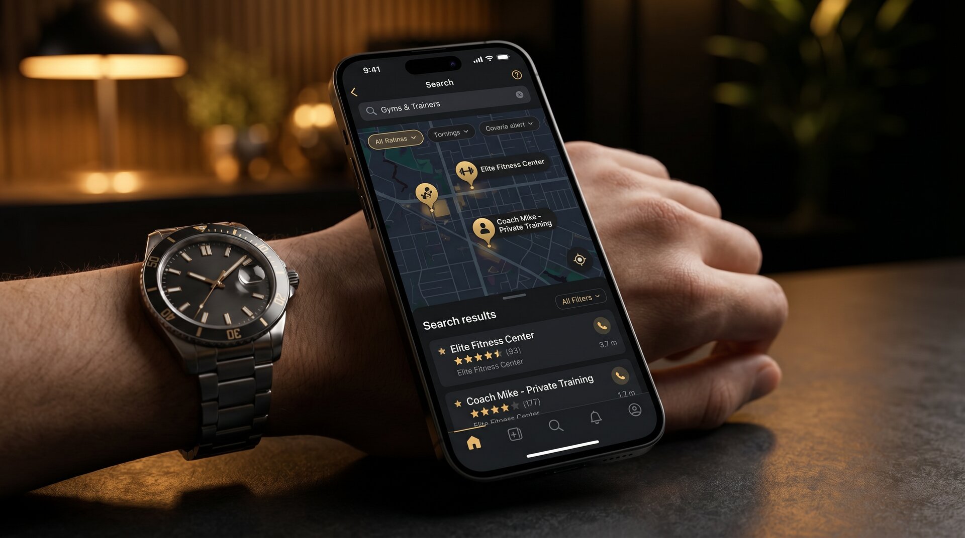 Smartphone displaying local SEO search results for fitness businesses