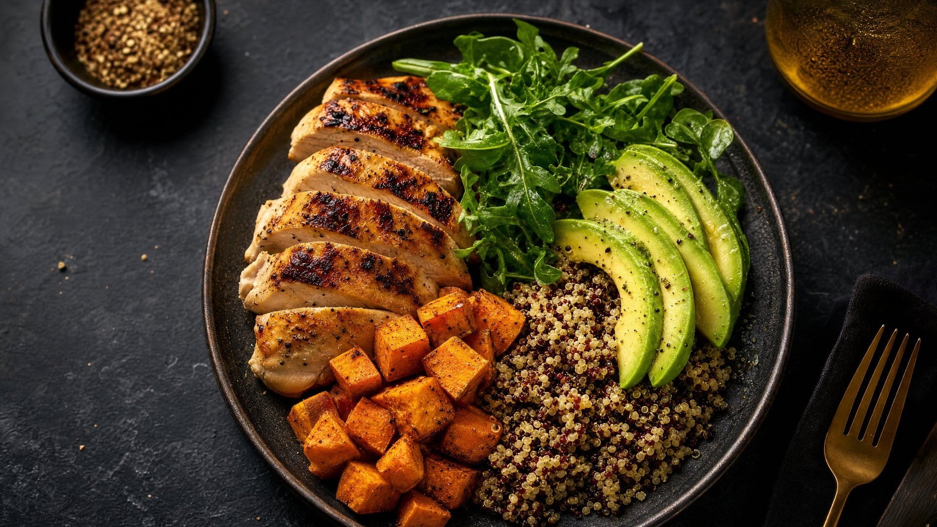 Healthy balanced meal with protein, carbohydrates, and vegetables