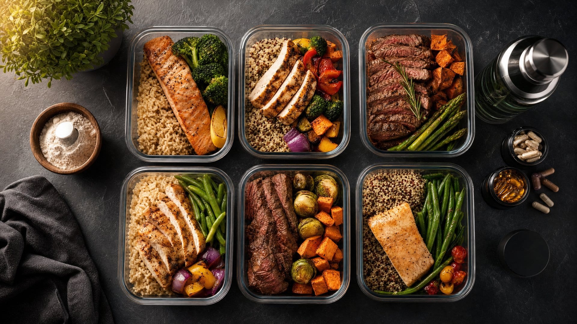 Healthy meal prep containers with balanced macronutrients