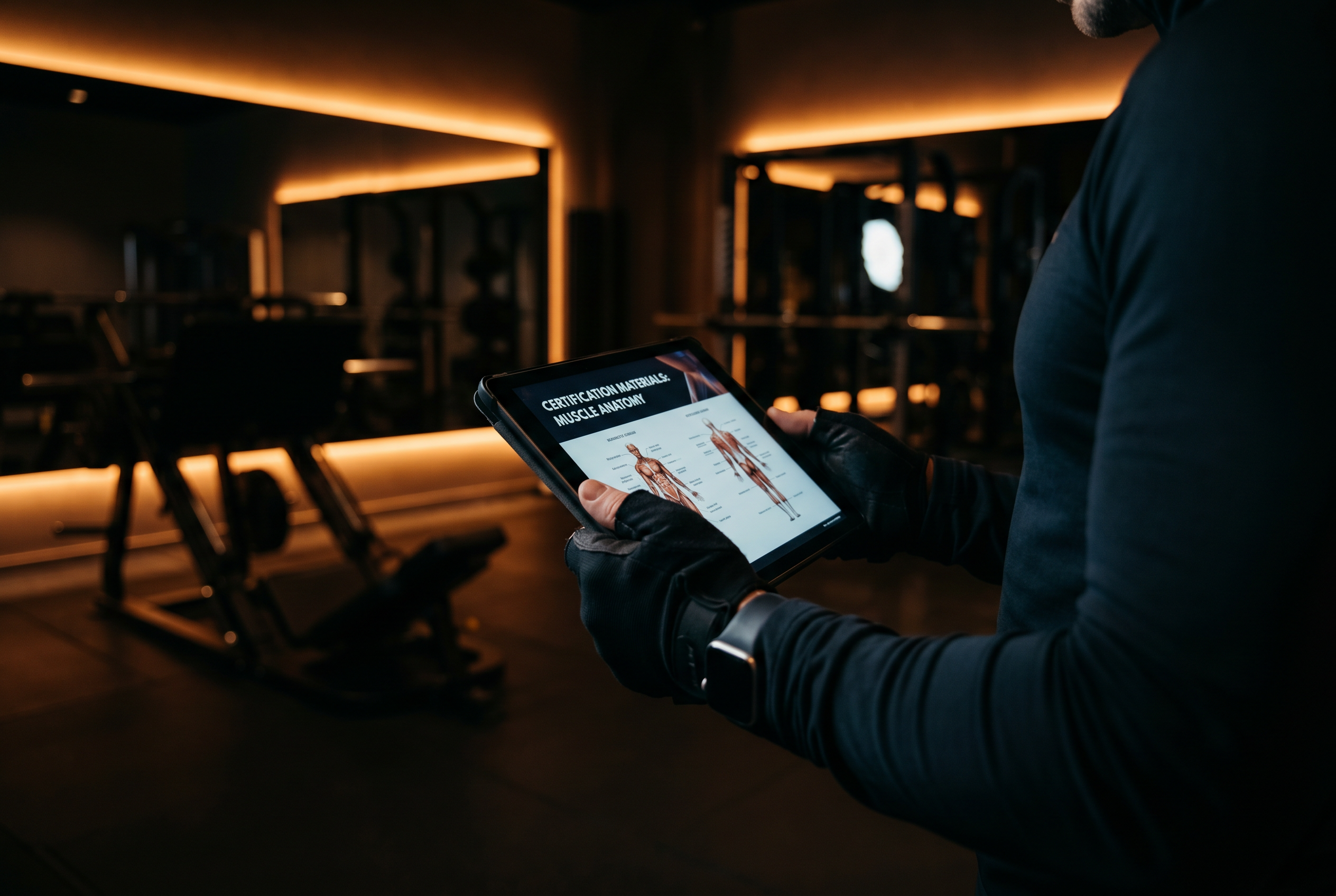 Close-up of a personal trainer studying certification materials on a tablet in a dimly lit gym setting
