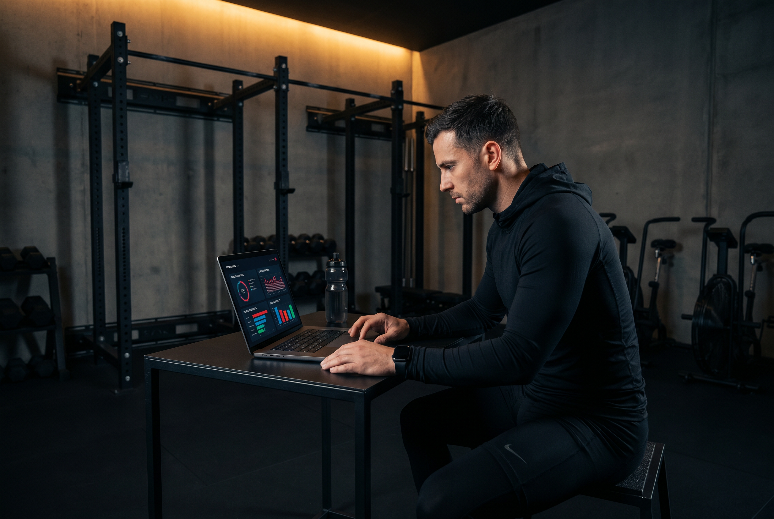 A fitness coach working on a laptop in a dark modern gym environment, reviewing client training programs on screen