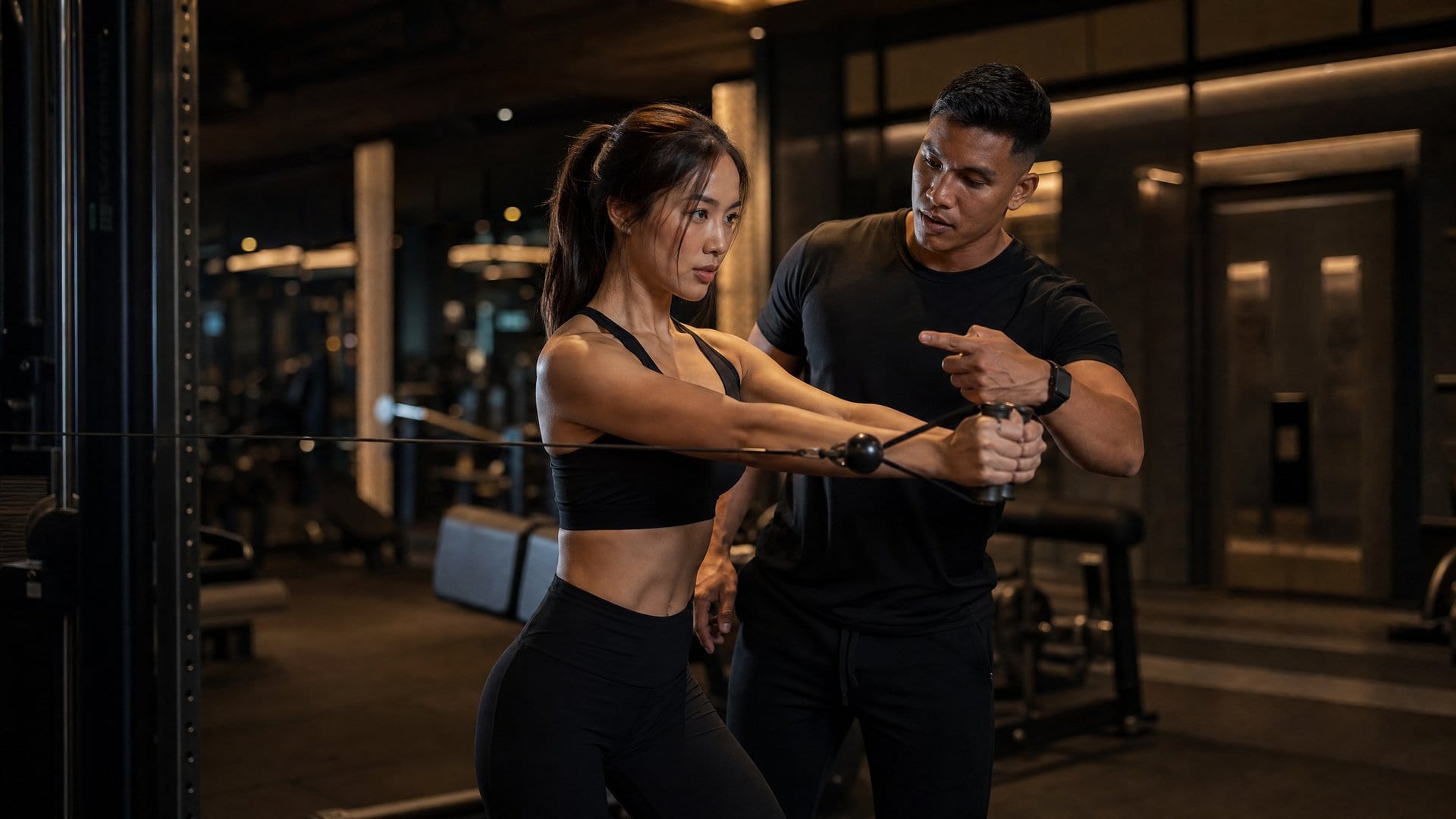 Person training with guidance in a modern gym