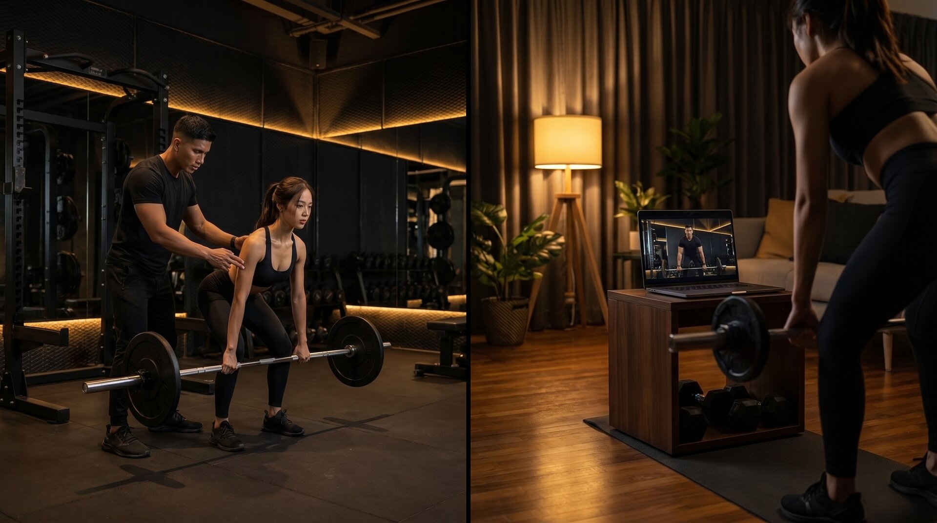 A split view showing a person working out with a trainer in a modern gym and another person exercising at home while looking at a tablet