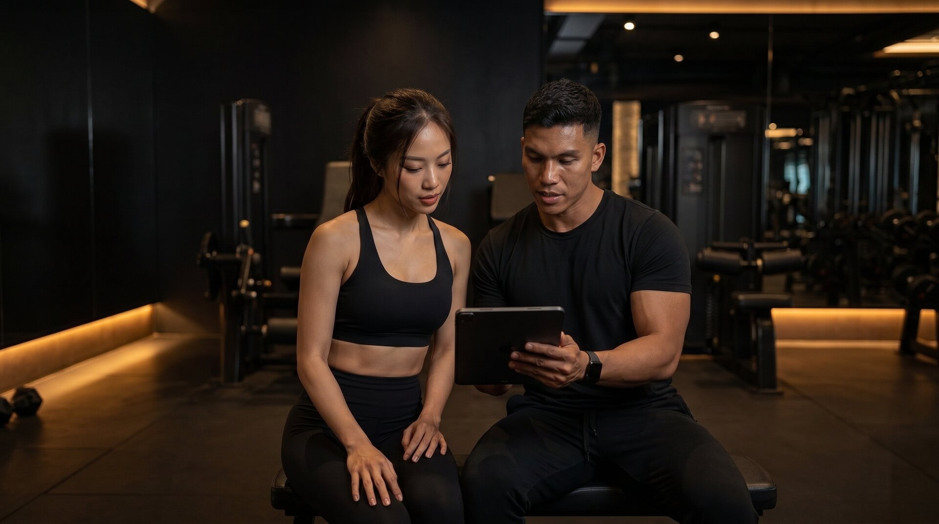 A modern, bright gym setting with a personal trainer guiding a client through a workout