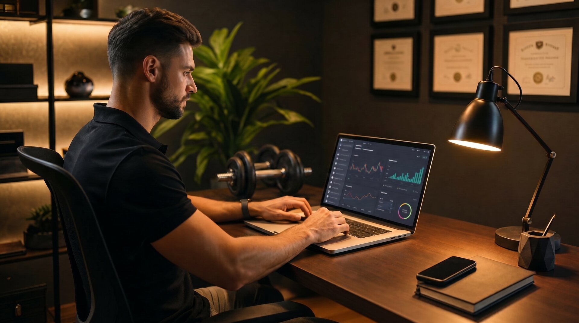 A personal trainer discussing a fitness plan with a client in a modern gym setting