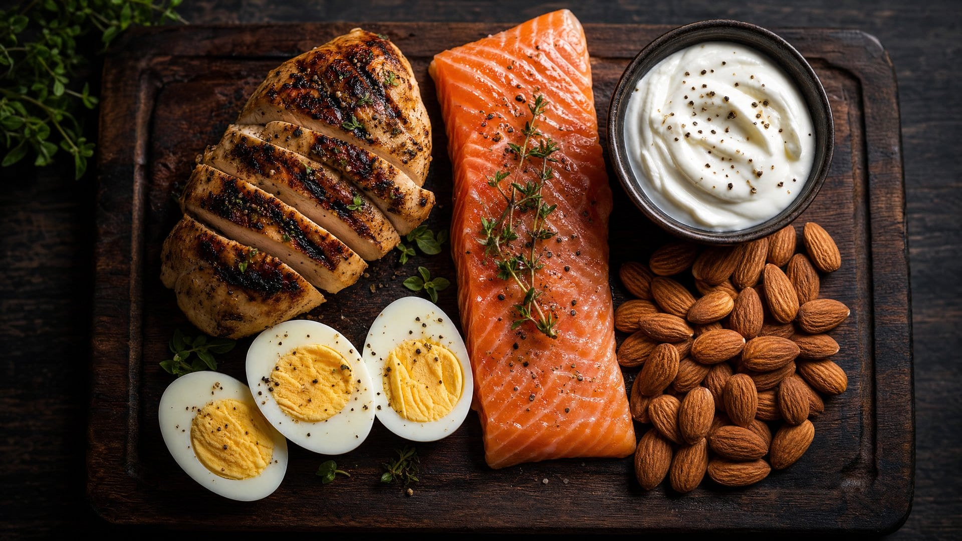 High-protein foods including chicken, eggs, and fish on a cutting board