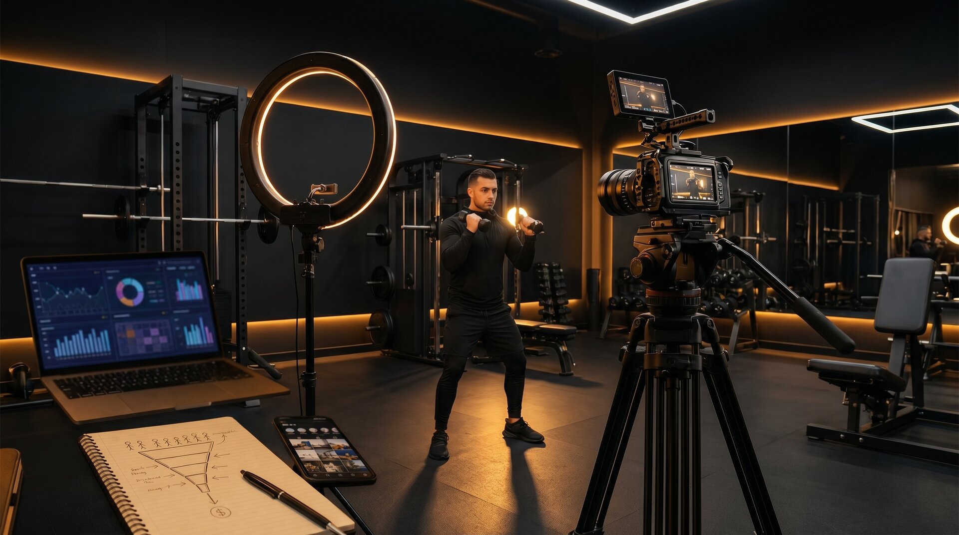 Personal trainer recording a workout video for content marketing