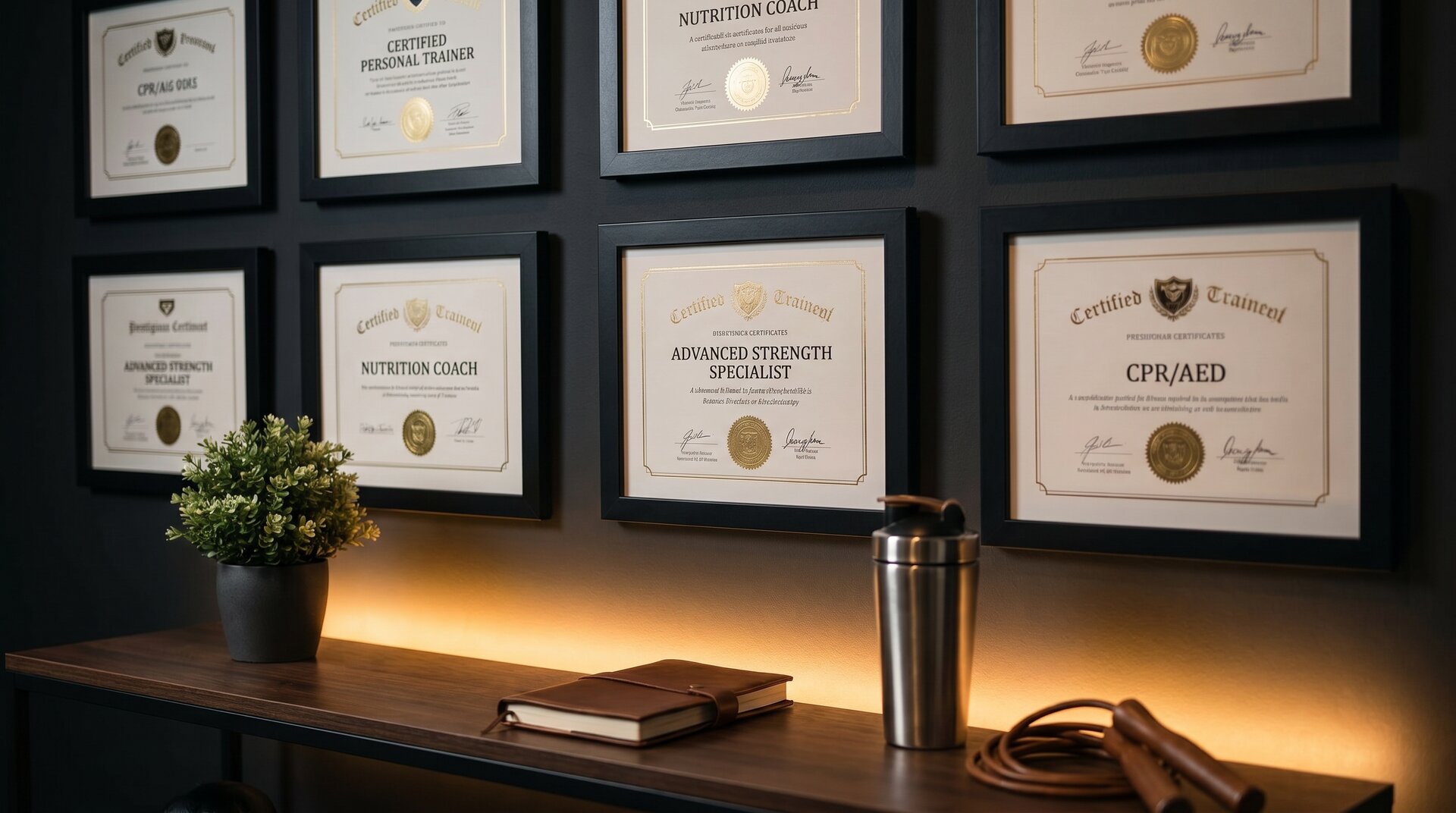 Close-up of a personal trainer's certification certificate and a clipboard with a workout plan