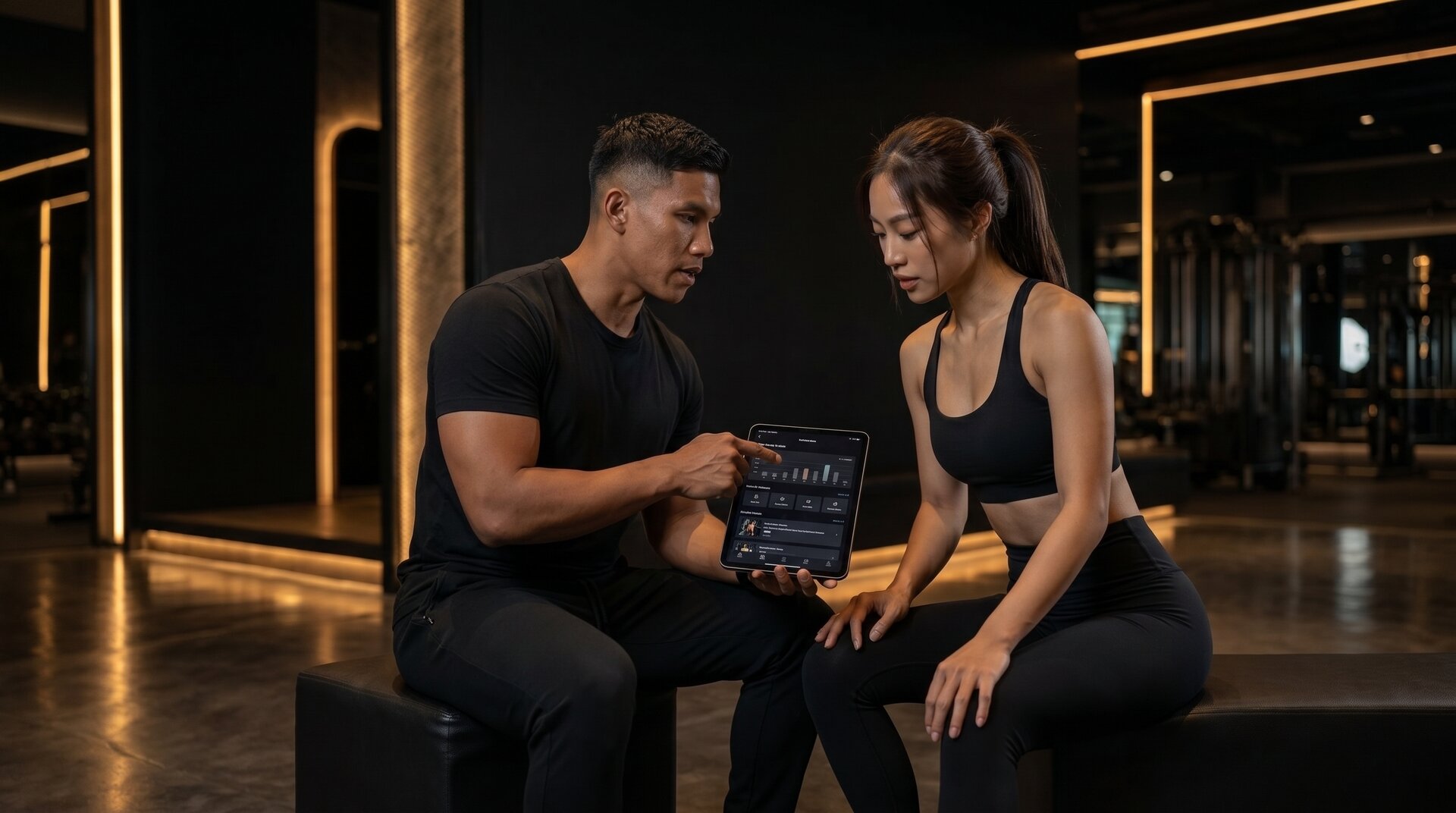 A client and a personal trainer sitting together, discussing fitness goals with a tablet