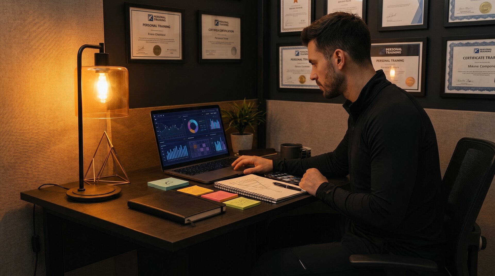 Personal trainer and client discussing a fitness plan in a modern gym