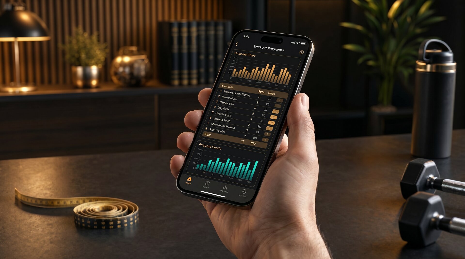 A close-up of a smartphone screen displaying a customized workout program and progress charts.